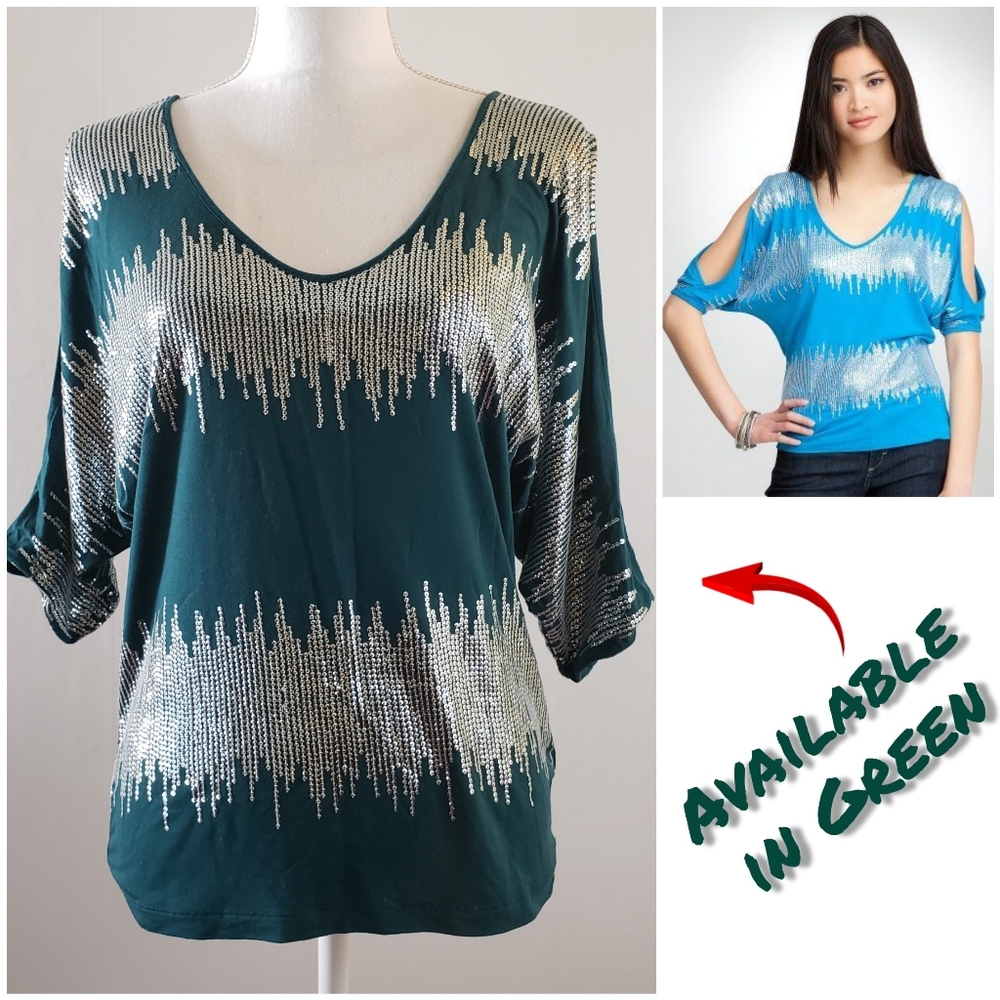 Bebe Sequin Y2K Cold Shoulder Top Blouse Green M